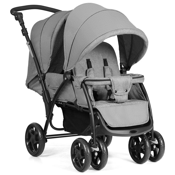 Foldable Lightweight Front Back Seats Double Baby Stroller-Gray