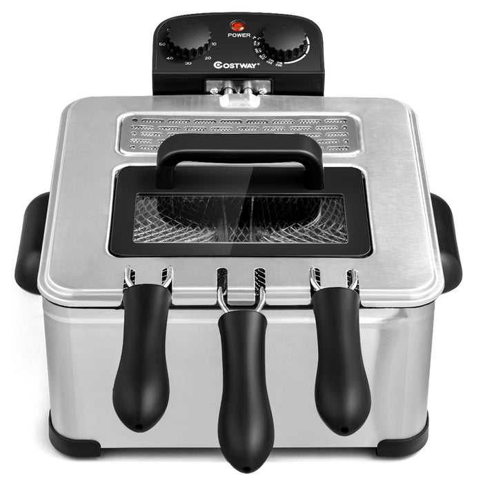 Electric Deep Fryer 5.3QT/21-Cup Stainless Steel 1700W with Triple Basket