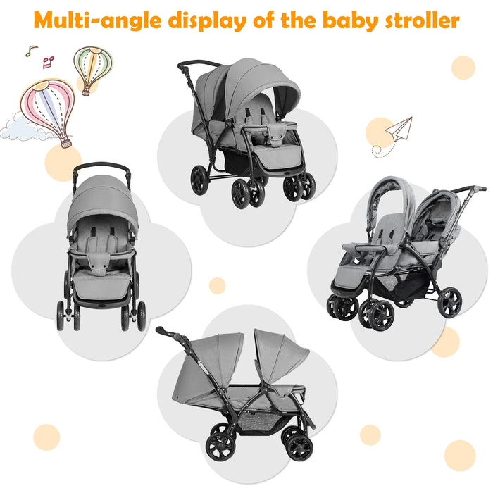 Foldable Lightweight Front Back Seats Double Baby Stroller-Gray