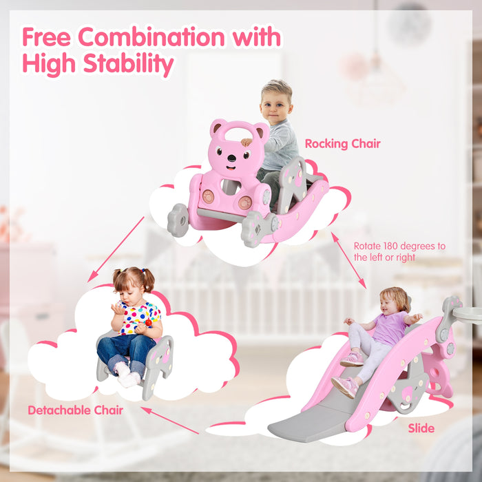 4-in-1 Toddler Slide and Rocking Horse Playset with Basketball Hoop-Pink