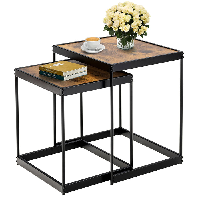 Set of 2 Modern Nesting End Tables with Metal Legs for Living Room-Rustic Brown