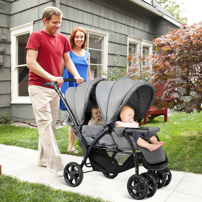 Foldable Lightweight Front Back Seats Double Baby Stroller-Gray