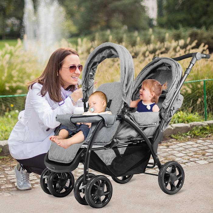 Foldable Lightweight Front Back Seats Double Baby Stroller-Gray