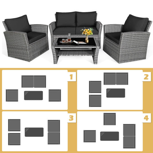 4 Pieces Patio Rattan Furniture Set Sofa Table with Storage Shelf Cushion-Black