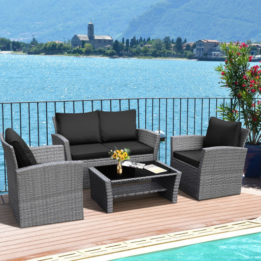 4 Pieces Patio Rattan Furniture Set Sofa Table with Storage Shelf Cushion-Black