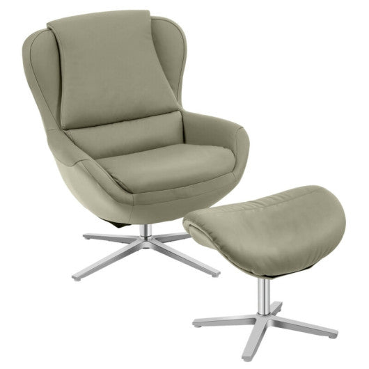 360Â° Â Swivel Leather Lounge Chair with Ottoman and Aluminum Alloy Base-Gray