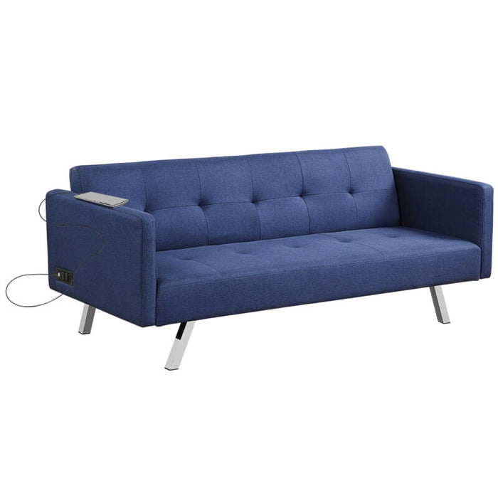 3 Seat Convertible Linen Fabric Futon Sofa with USB and Power Strip-Blue