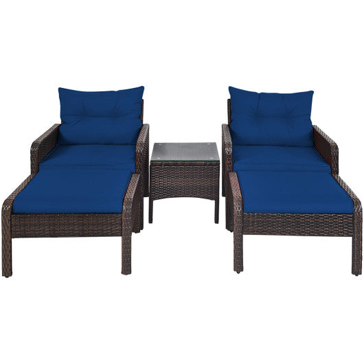 5 Pieces Patio Rattan Sofa Ottoman Furniture Set with Cushions-Navy