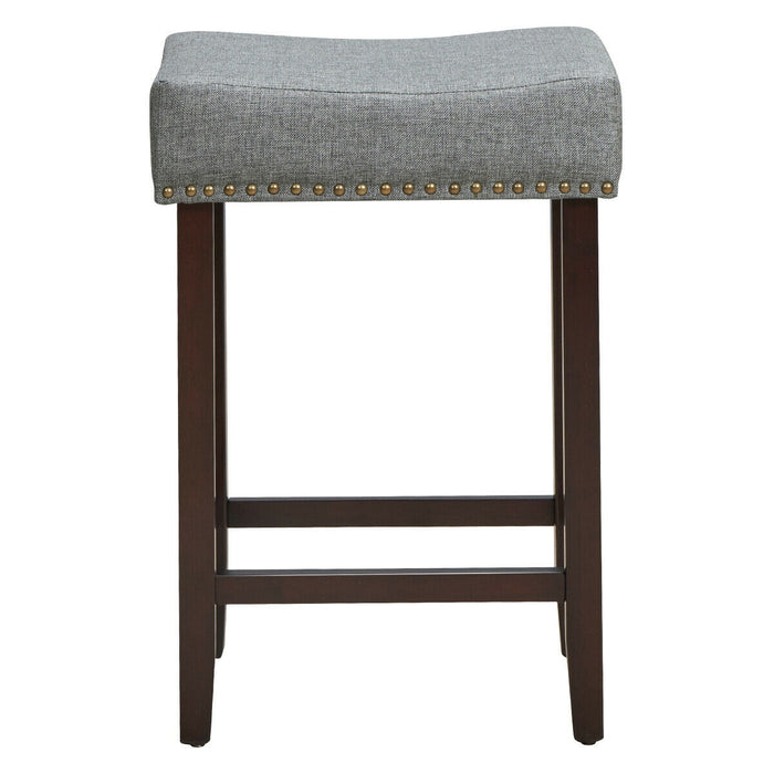 2 Pieces Nailhead Saddle Bar Stools with Fabric Seat and Wood Legs-Gray