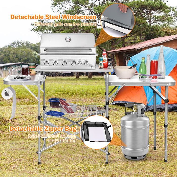 Foldable Outdoor BBQ Portable Grilling Table With Windscreen Bag