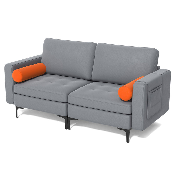 Modern Loveseat Sofa with 2 Bolsters and Side Storage Pocket-Gray