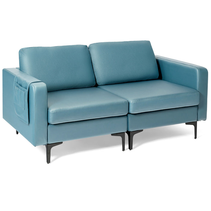 Modern Loveseat Sofa Couch with Side Storage Pocket and Sponged Padded Seat Cushions-Blue