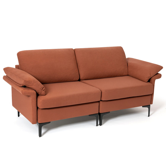 Modern Fabric Loveseat Sofa for with Metal Legs and Armrest Pillows-Rust Red