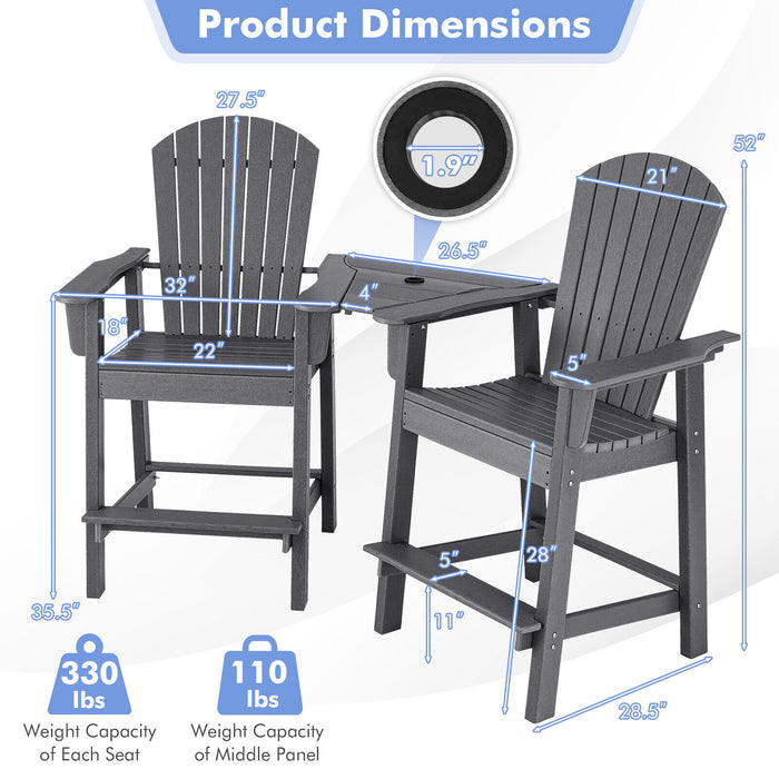 2 Pieces HDPE Tall Adirondack Chair with Middle Connecting Tray-Gray