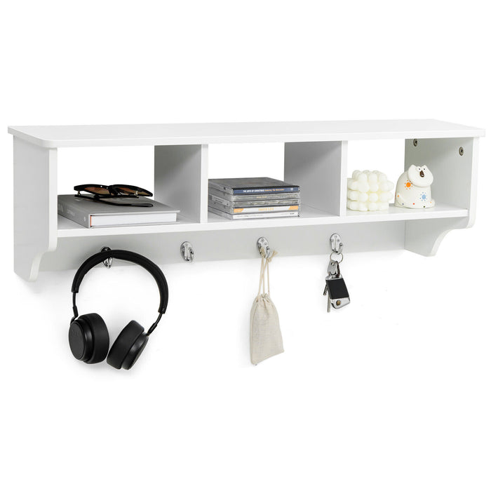 Wall Mount Cubby Organizer Hooks Entryway Storage Shelf-White