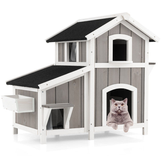 2-Story Outdoor Wooden Feral Cat House with Escape Door-Grey