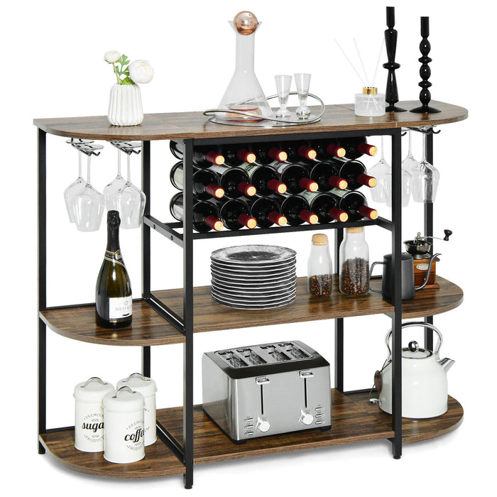 47 Inches Wine Rack Table with Glass Holder and Storage Shelves-Rustic Brown