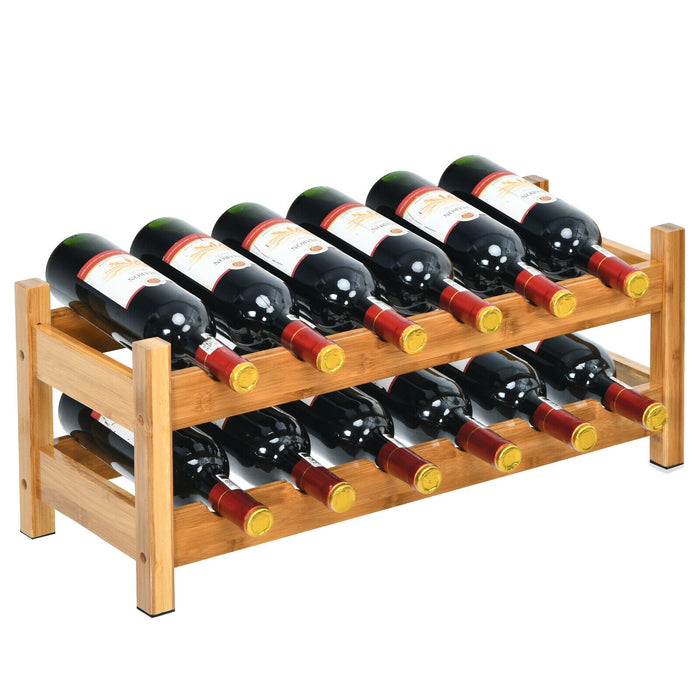 2-Tier 12 Bottles Bamboo Storage Shelf  Wine Rack-Natural