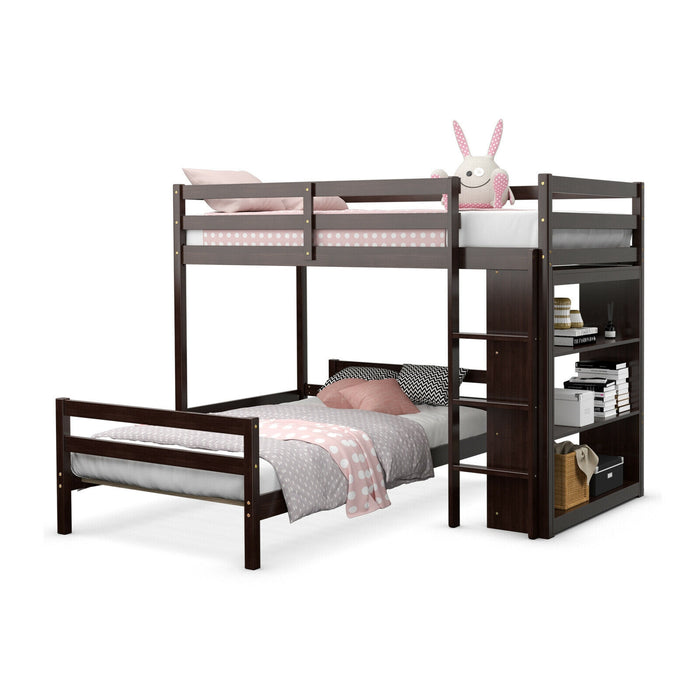 Twin Over Twin Loft Bunk Bed with Bookcase-Dark Brown