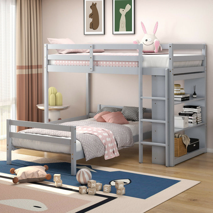 Twin Over Twin Loft Bunk Bed with Bookcase-Gray