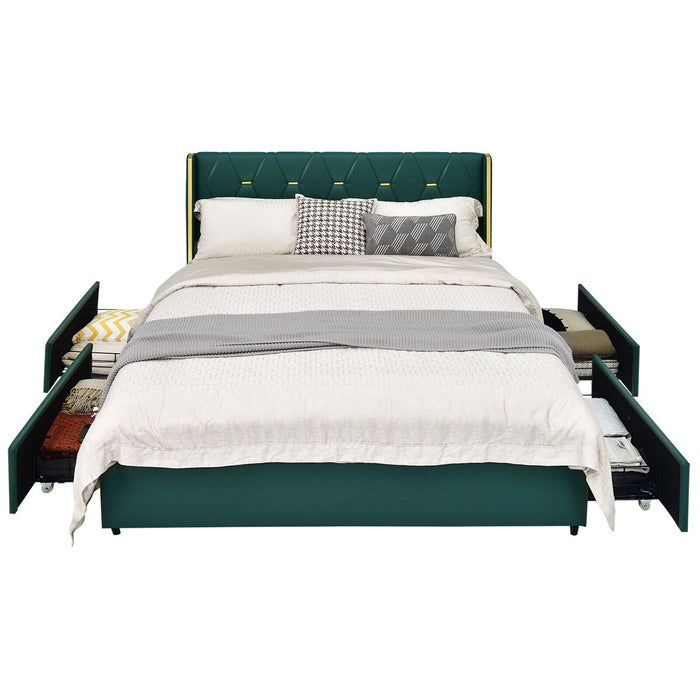 Full/Queen Size Upholstered Bed Frame with 4 Drawers-Green-Full Size