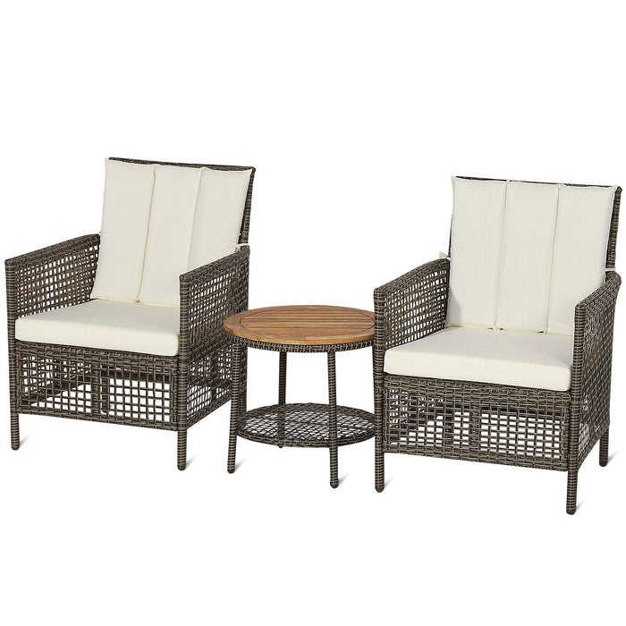 3 Pieces Patio Rattan Furniture Set with Cushioned Sofas and Wood Table Top-White