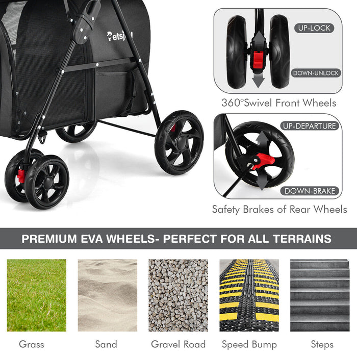 4-in-1 Double Pet Stroller with Detachable Carrier and Travel Carriage-Black