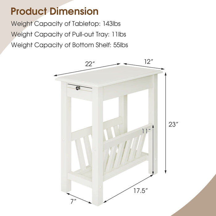 2-Tier End Table with Pull-out Tray and Solid Rubber Wood Legs-White