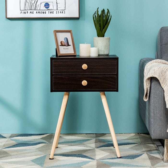 Mid Century Modern 2 Drawers Nightstand in Natural-Coffee