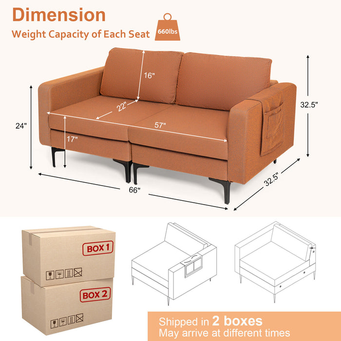 Modern Loveseat Sofa Couch with Side Storage Pocket and Sponged Padded Seat Cushions-Orange