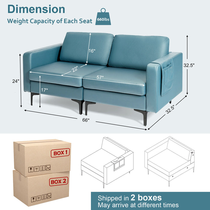 Modern Loveseat Sofa Couch with Side Storage Pocket and Sponged Padded Seat Cushions-Blue