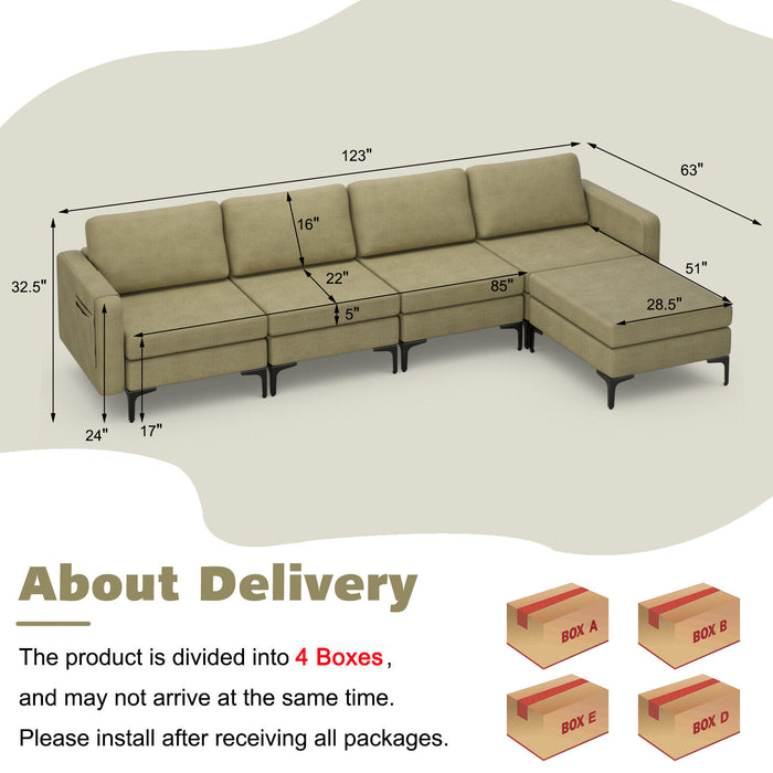 Modular L-shaped Sectional Sofa with Reversible Ottoman and 2 USB Ports-Green