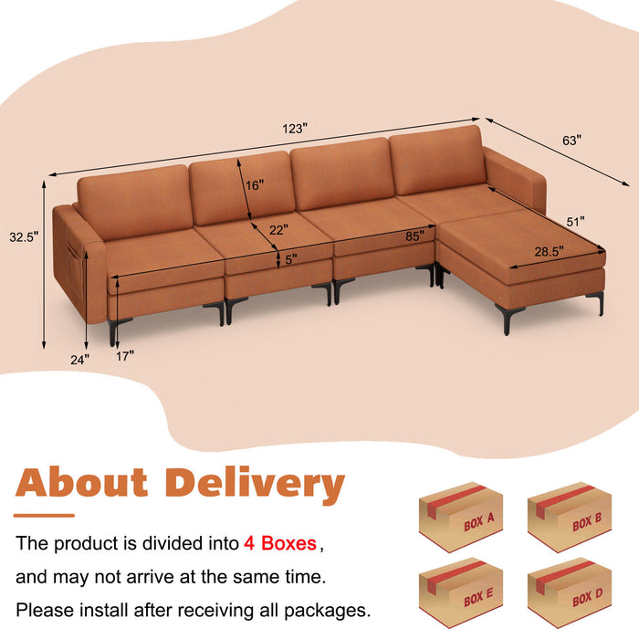 Modular L-shaped Sectional Sofa with Reversible Ottoman and 2 USB Ports-Orange