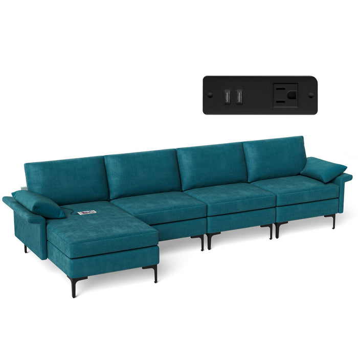 Extra Large L-shaped Sectional Sofa with Reversible Chaise and 2 USB Ports for 4-5 People-Peacock Blue