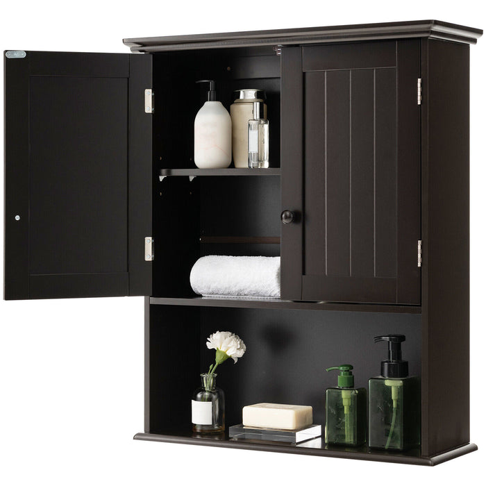 2-Door Wall Mount Bathroom Storage Cabinet with Open Shelf-Espresso