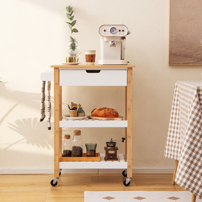 3-Tier Kitchen Island Cart Rolling Service Trolley with Bamboo Top-Natural