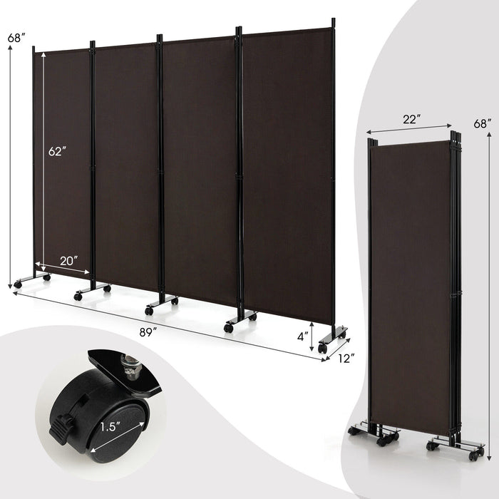 4-Panel Folding Room Divider 6 Feet Rolling Privacy Screen with Lockable Wheels-Brown