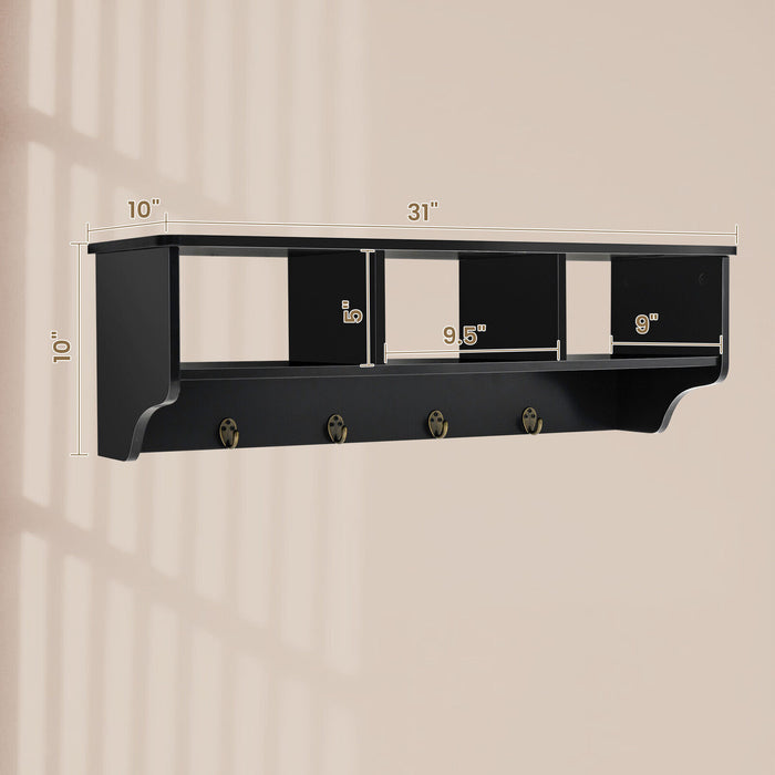 Wall Mount Cubby Organizer Hooks Entryway Storage Shelf-Black