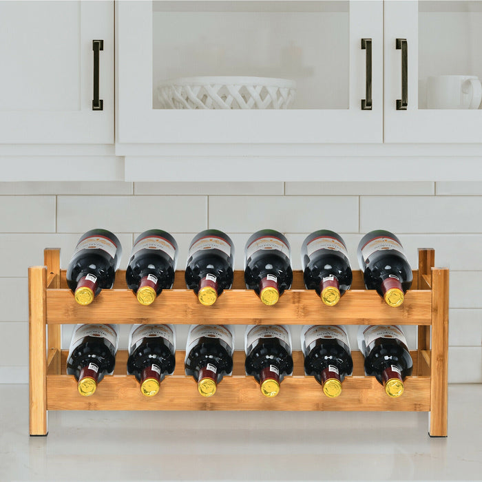 2-Tier 12 Bottles Bamboo Storage Shelf  Wine Rack-Natural