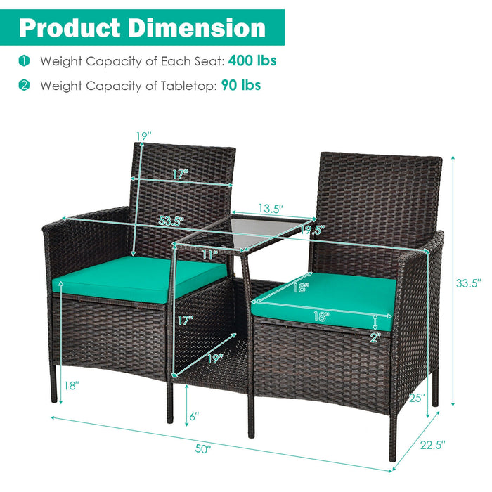 Patio Rattan Wicker Conversation Set Sofa Cushioned Loveseat Glass Table-Turquoise