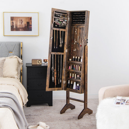 Free-Standing Jewelry Cabinet with Full-Length Mirror and Lockable Door-Brown