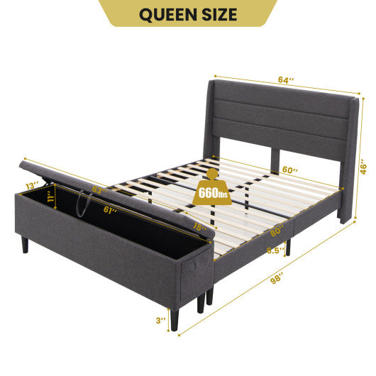 Full/Queen Size Upholstered Platform Bed Frame with Storage Ottoman-Queen Size