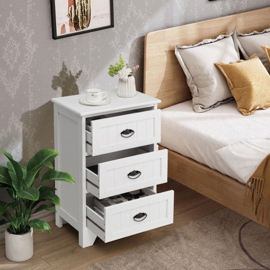 3 Drawers End Storage Wood Side Nightstand-White