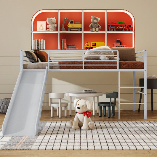 Twin Metal Loft Bed with Slide Safety Guardrails and Built-in Ladder-Silver