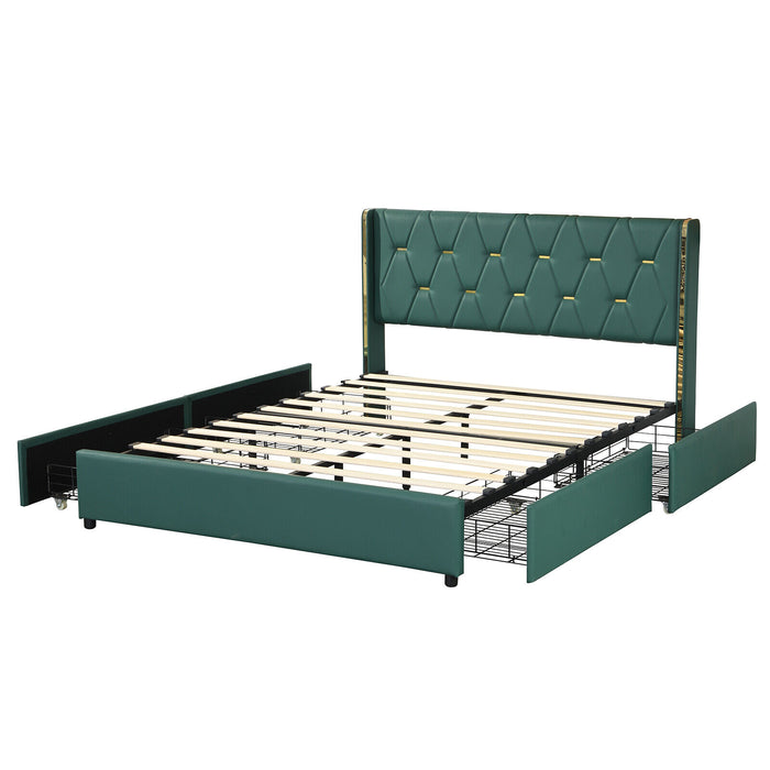 Full/Queen Size Upholstered Bed Frame with 4 Drawers-Green-Full Size