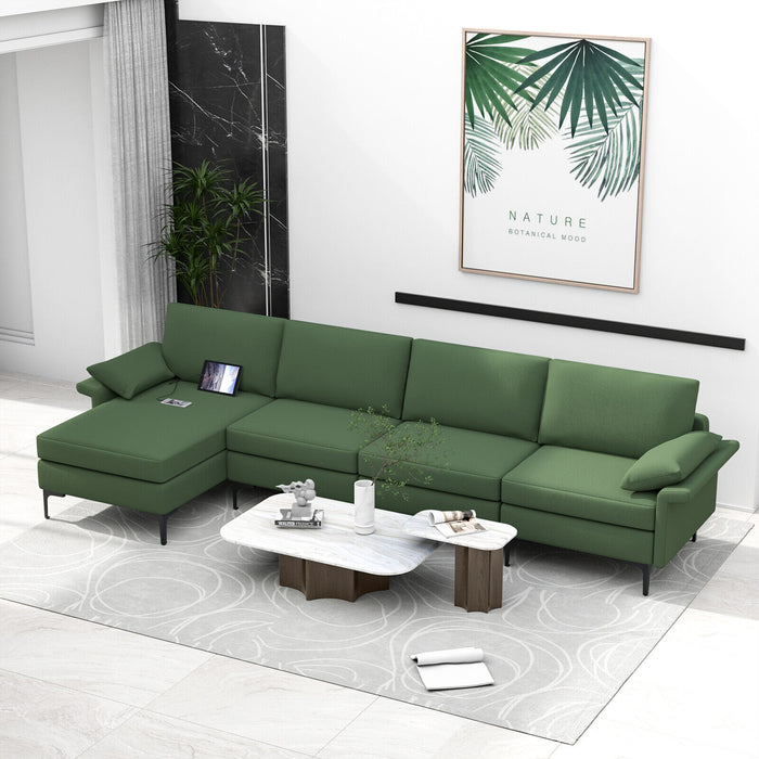 Extra Large L-shaped Sectional Sofa with Reversible Chaise and 2 USB Ports for 4-5 People-Army Green