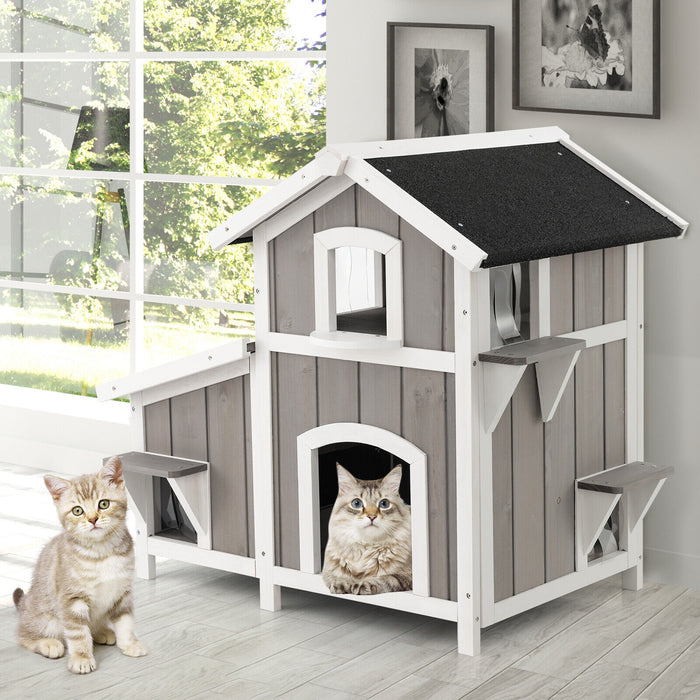 2-Story Outdoor Wooden Feral Cat House with Escape Door-Grey