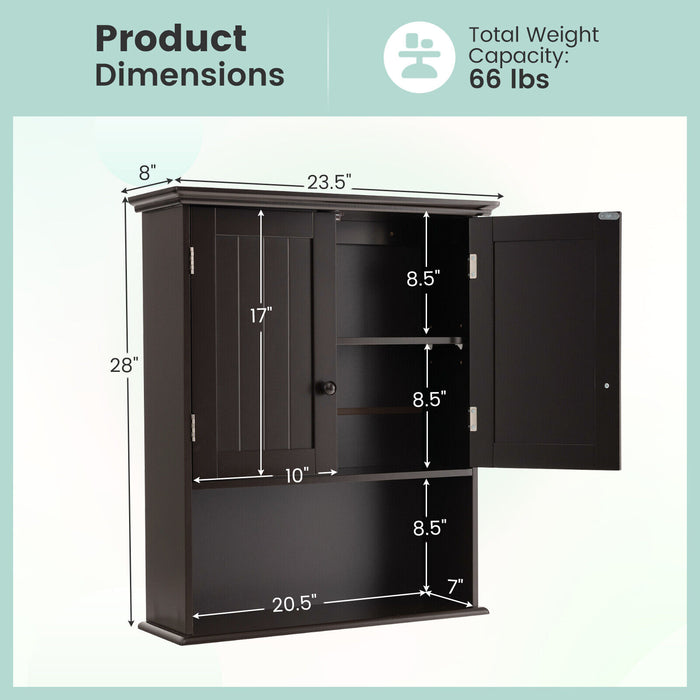 2-Door Wall Mount Bathroom Storage Cabinet with Open Shelf-Espresso