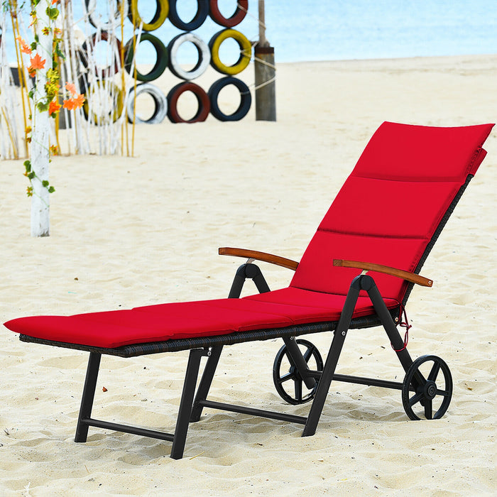 Folding Patio Rattan Lounge Chair with Wheels-Red