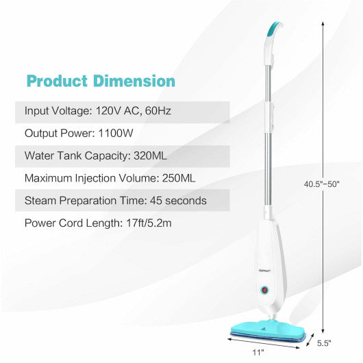 1100 W Electric Steam Mop with Water Tank for Carpet-Turquoise